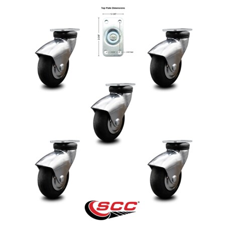 Service Caster 3 Inch Bright Chrome Hooded Neoprene Rubber Top Plate Casters SCC, 5PK SCC-03S310-NPRB-BC-5